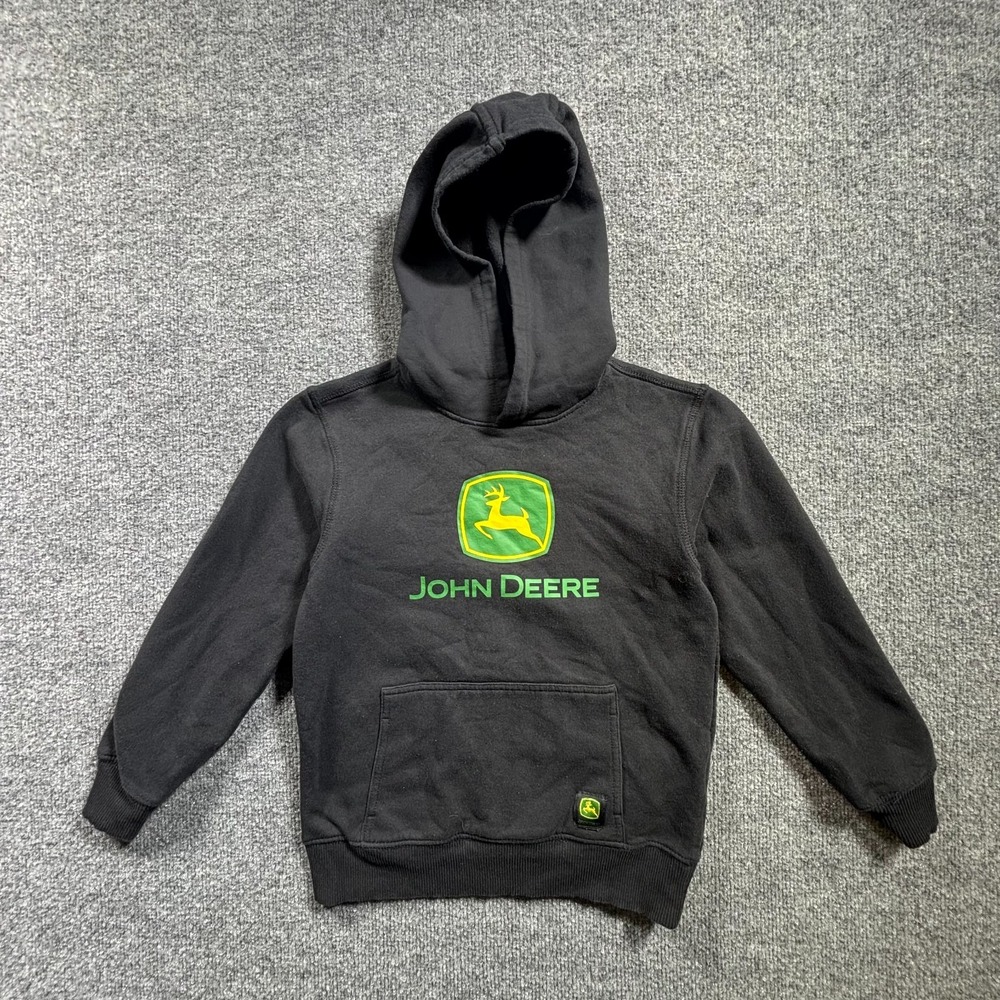John Deere Boys Hoodie Size S 6/7 Black Cotton Fleece Graphic Pullover Hoodie